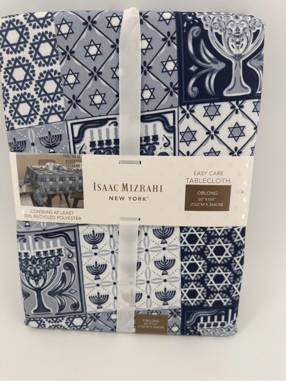 Isaac Mizrahi Blue and White Hanukkah Patchwork Tablecloth 60x104